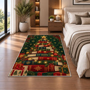 Book Christmas Tree rug in a bedroom beside the bed