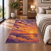 Books Flying at Sunset rug in a bedroom beside the bed