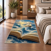 Book Pages Become the Sea rug in a bedroom beside the bed