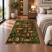 Ivy Covered Bookshelf rug in a bedroom beside the bed