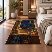 Starry Night Study Desk rug in a bedroom beside the bed
