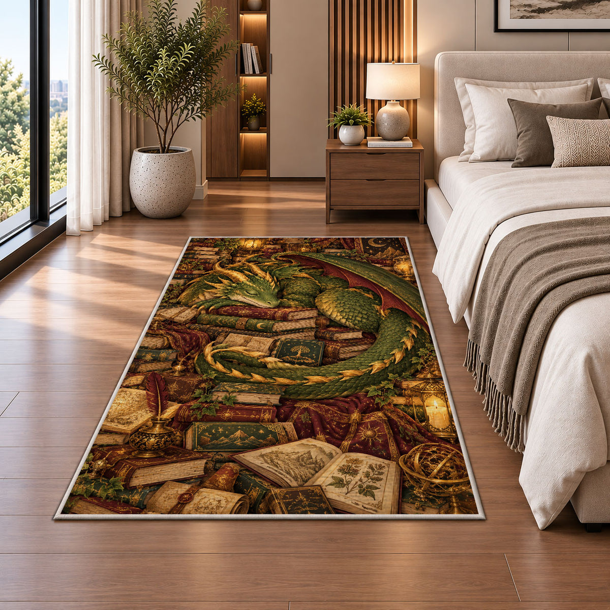 Dragon Guarding Books rug in a bedroom beside the bed
