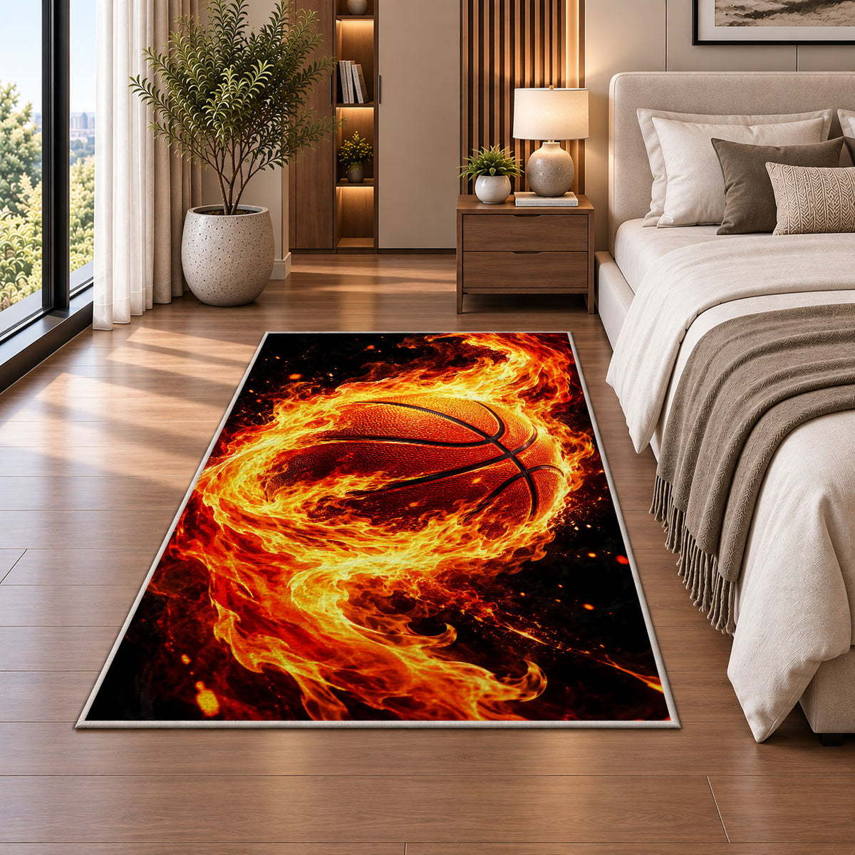 Basketball on Fire rug in a bedroom beside the bed