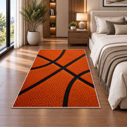 Basketball Texture Close-Up rug in a bedroom beside the bed