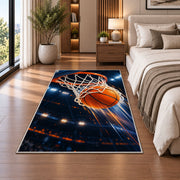 Swish Arena Lights rug in a bedroom beside the bed