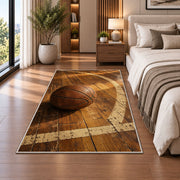 Vintage Leather Basketball rug in a bedroom beside the bed