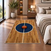 Center Court Circle rug in a bedroom beside the bed