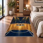 Arena Spotlight Court rug in a bedroom beside the bed