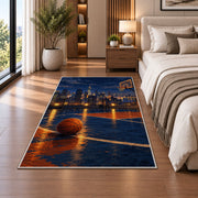 Rooftop Court City Night rug in a bedroom beside the bed