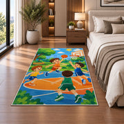 Kids Playing Basketball rug in a bedroom beside the bed