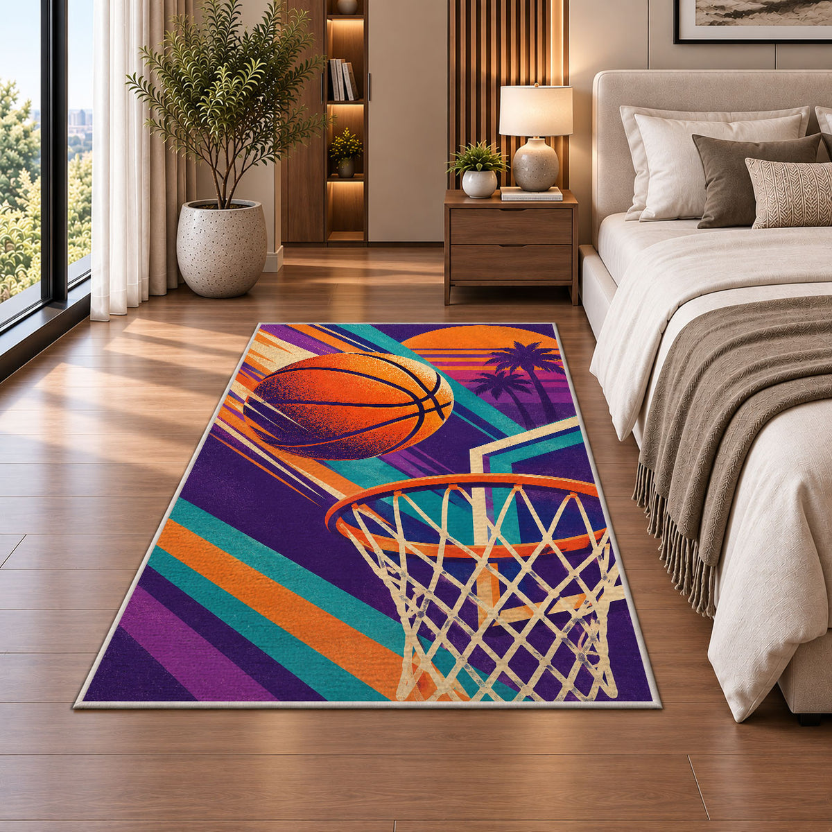 Retro 80s Hoops Poster rug in a bedroom beside the bed