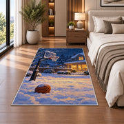 Snowy Backyard Hoop rug in a bedroom beside the bed