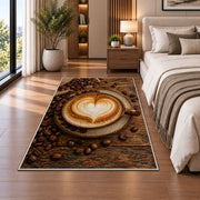 Latte Art Heart Cappuccino rug in a bedroom beside the bed