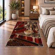Vintage Espresso Machine rug in a bedroom beside the bed