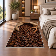 Burlap Sack of Coffee Beans rug in a bedroom beside the bed