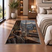 French Press Rainy Window rug in a bedroom beside the bed