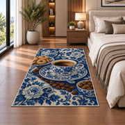 Blue Willow Coffee Cup rug in a bedroom beside the bed