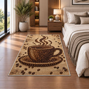 Coffee Bean Cup Art rug in a bedroom beside the bed