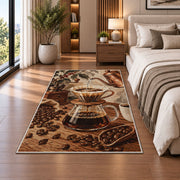 Pour Over Coffee rug in a bedroom beside the bed
