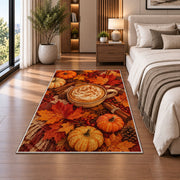 Pumpkin Spice Latte rug in a bedroom beside the bed