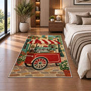 Retro Coffee Cart rug in a bedroom beside the bed