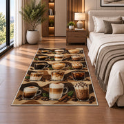 Coffee Drinks Guide rug in a bedroom beside the bed