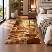 Cat and Morning Coffee rug in a bedroom beside the bed