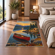 Red Canoe and Tent at Sunrise Lake rug in a bedroom beside the bed