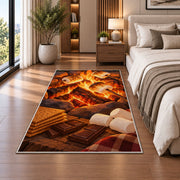 Campfire S'mores rug in a bedroom beside the bed