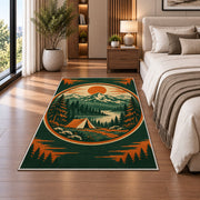 Vintage Camping Badge rug in a bedroom beside the bed