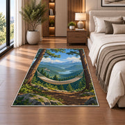 Hammock Between Pines rug in a bedroom beside the bed
