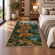 Camping Trail Signpost rug in a bedroom beside the bed