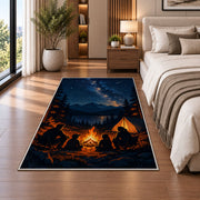 Family Campfire Under the Stars rug in a bedroom beside the bed