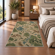 Topographic Trail Map rug in a bedroom beside the bed