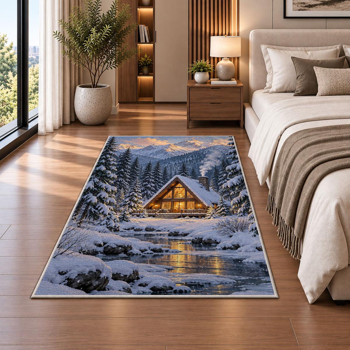 A-Frame Cabin in Snowy Pines rug in a bedroom beside the bed