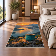 Steaming Camp Mug at Dawn rug in a bedroom beside the bed