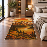 Retro 70s Mountain Sunset rug in a bedroom beside the bed