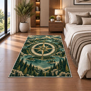 Compass in Mountain Forest Ring rug in a bedroom beside the bed