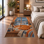 Orange Cat Snowy Window rug in a bedroom beside the bed
