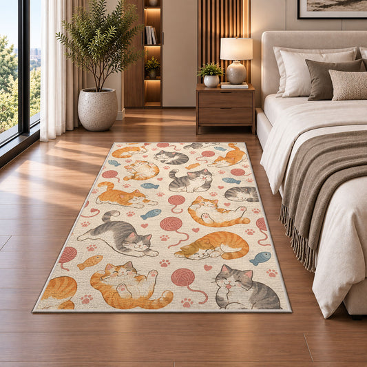 Lazy Cats Pattern rug in a bedroom beside the bed