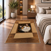 Calico Cat in a Box rug in a bedroom beside the bed