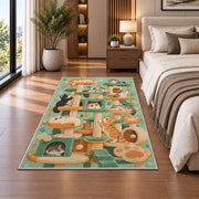 Cat Tree Playground rug in a bedroom beside the bed