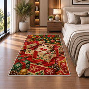 Kitten in Christmas Gift rug in a bedroom beside the bed