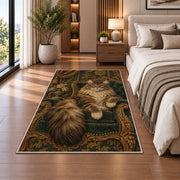 Maine Coon on Velvet Chair rug in a bedroom beside the bed