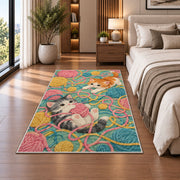 Kittens Tangled in Yarn rug in a bedroom beside the bed