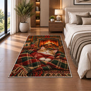 Sweater Kitten by Fireplace rug in a bedroom beside the bed