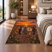 Cats on Fence at Sunset rug in a bedroom beside the bed