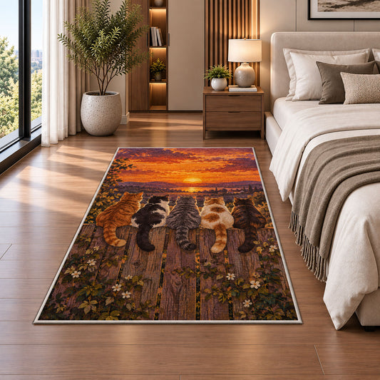 Cats on Fence at Sunset rug in a bedroom beside the bed