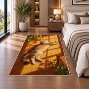 Tabby Cat Sunbathing rug in a bedroom beside the bed