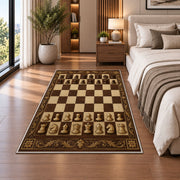 classic wooden chessboard rug in a bedroom beside the bed